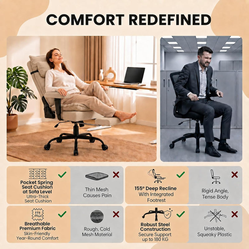 Office Chair with Pocket Spring Cushion Ergonomic Fabric
