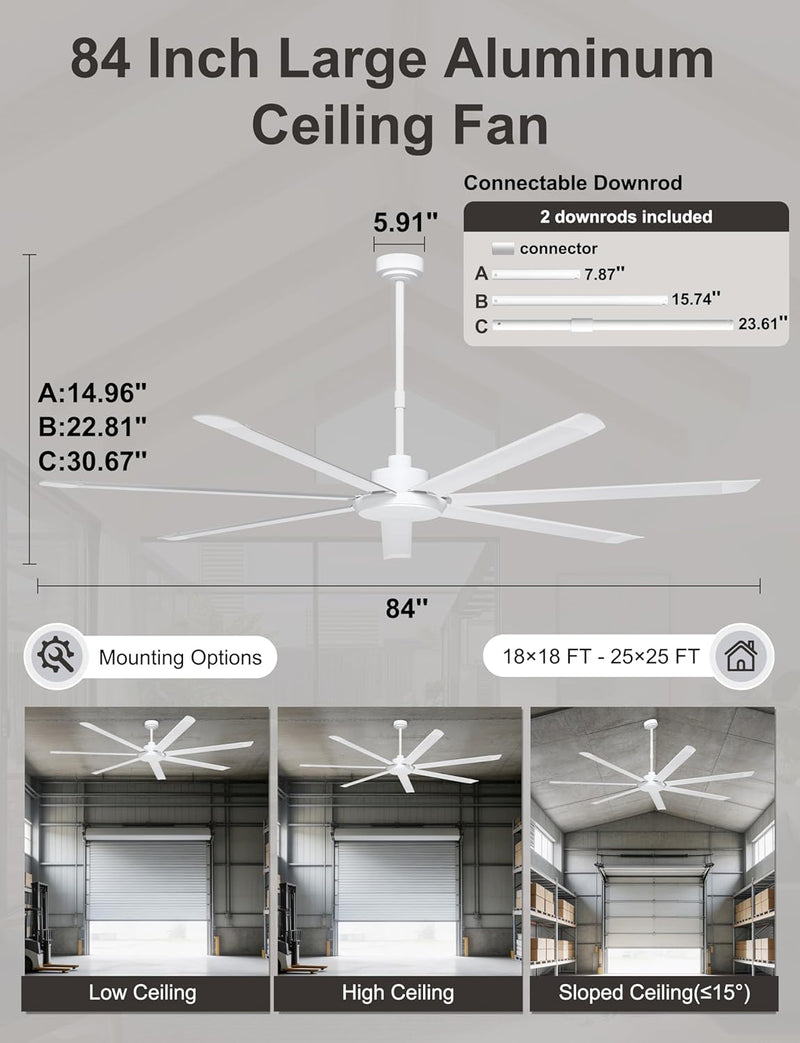 84 Inch Ceiling Fans with Lights Large Industrial