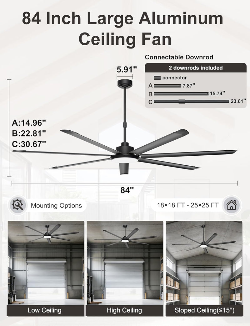 84 Inch Ceiling Fans with Lights Large Industrial