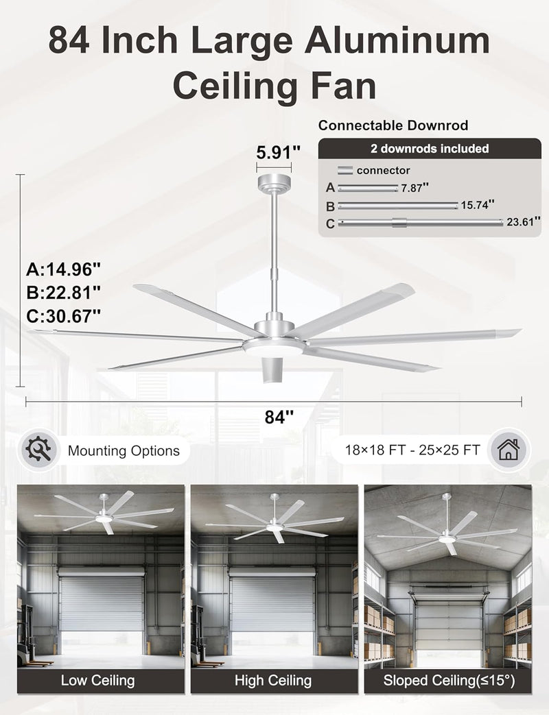 84 Inch Ceiling Fans with Lights Large Industrial