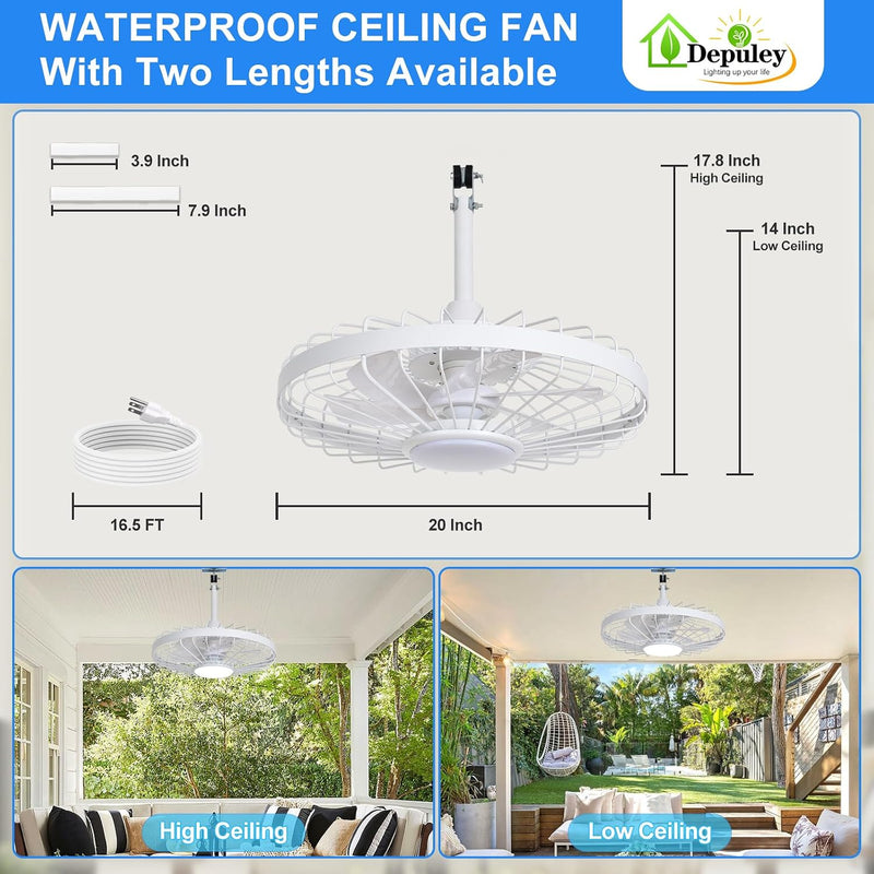 Outdoor Ceiling Fan with Light: 20 Inch Waterproof