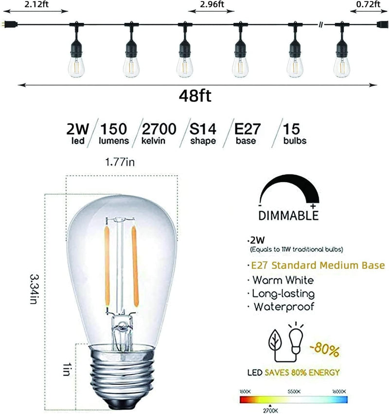 Outdoor String Lights LED 15m S14 48FT Festoon