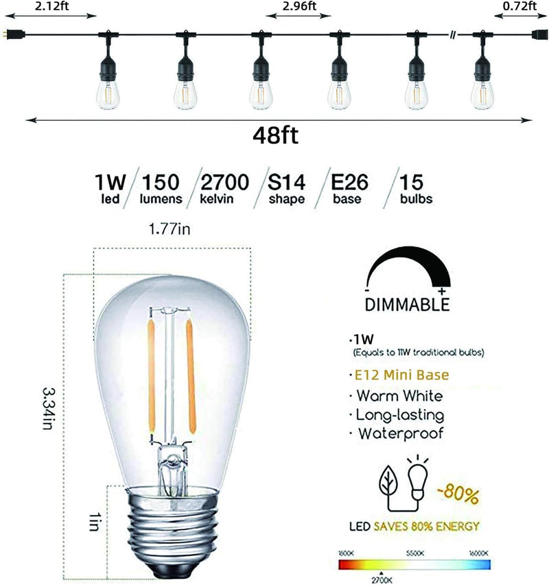 Outdoor String Lights LED 96FT 29m S14 48FT (2 Pack)