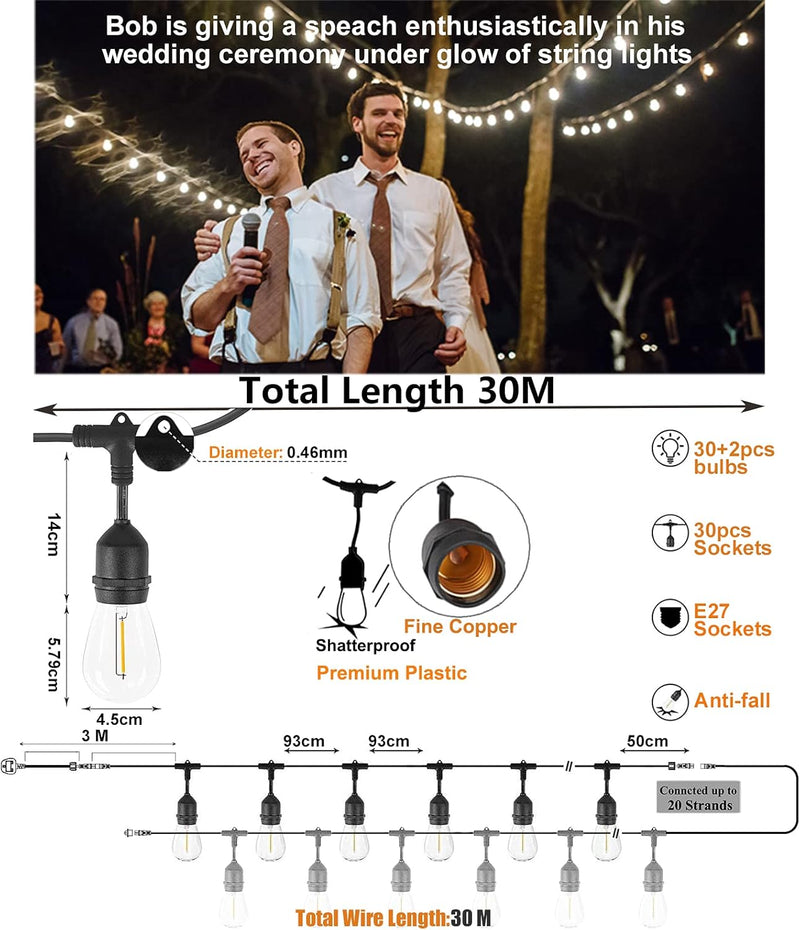 Outdoor String Lights LED Mains 30 Meters Festoon