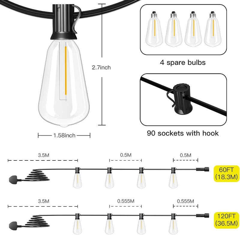 Outdoor String Lights Mains Powered 120FT 36m Garden