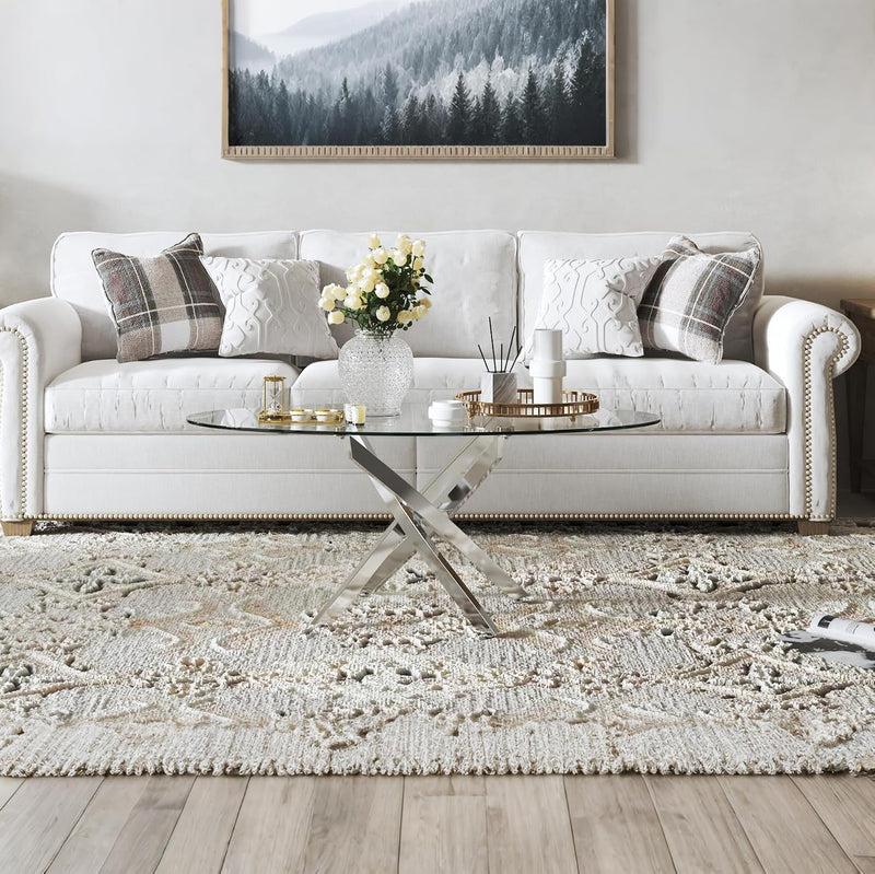 Oval Glass Coffee Table with Chrome Crossed Legs
