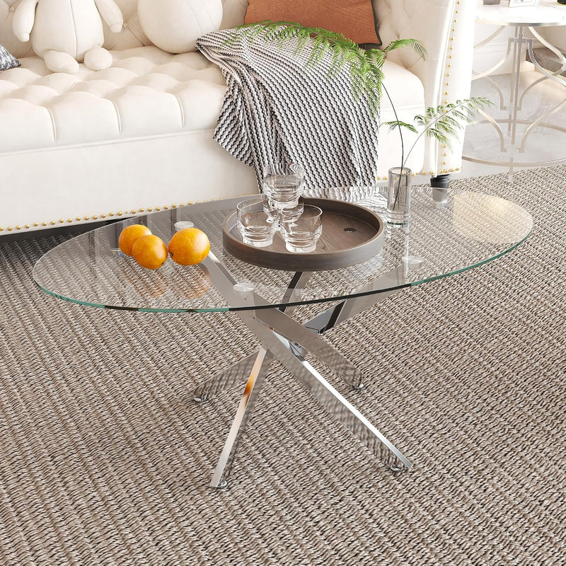 Oval Glass Coffee Table with Chrome Crossed Legs