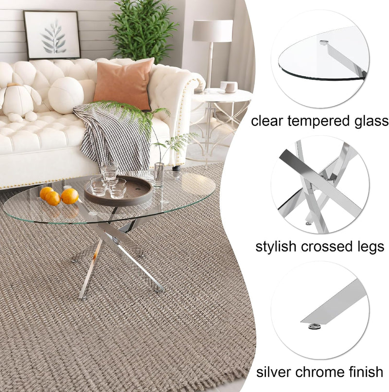 Oval Glass Coffee Table with Chrome Crossed Legs