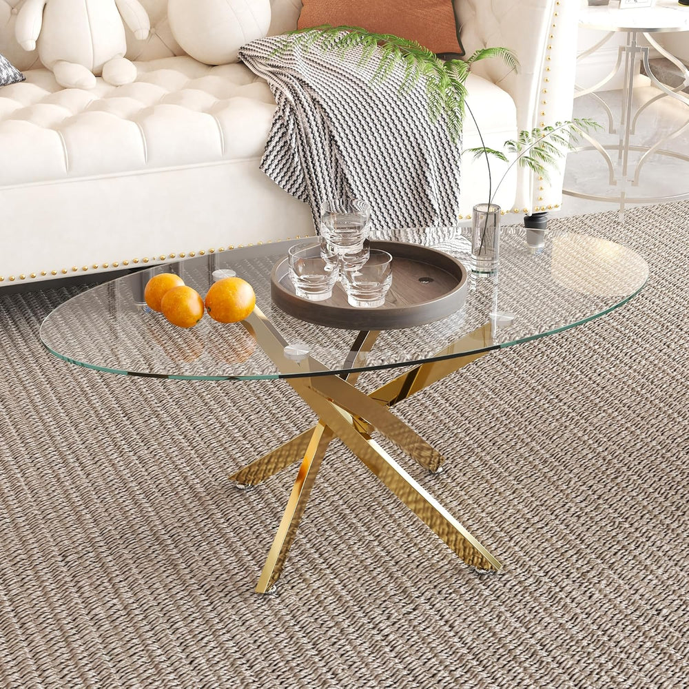 Oval Glass Coffee Table with Crossed Legs Modern