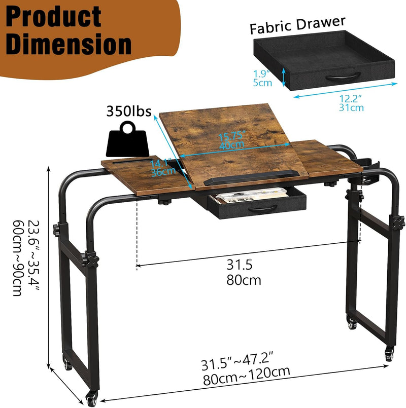 Overbed Desk with Wheels Adjustable Rolling Laptop Table
