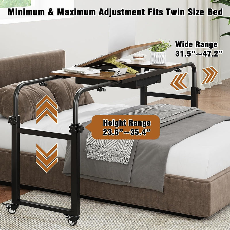 Overbed Desk with Wheels Adjustable Rolling Laptop Table