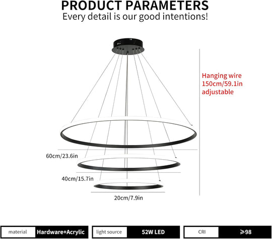 LED Pendant Light Dimmable 3 Ring Acrylic Chandelier