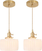 Pendant Light with Striped Glass Lampshade Brass Vintage (2 Pack)