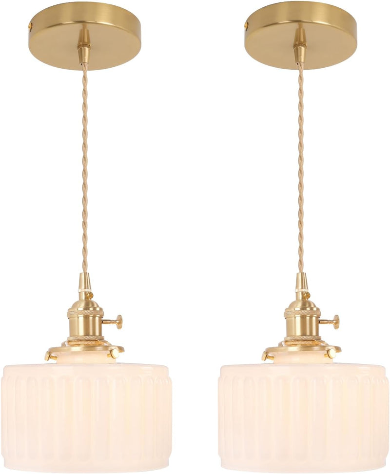 Pendant Light with Striped Glass Lampshade Brass Vintage (2 Pack)