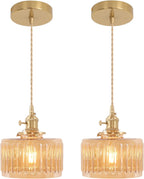 Pendant Light with Striped Glass Lampshade Brass Vintage (2 Pack)