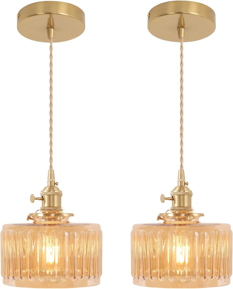 Pendant Light with Striped Glass Lampshade Brass Vintage (2 Pack)