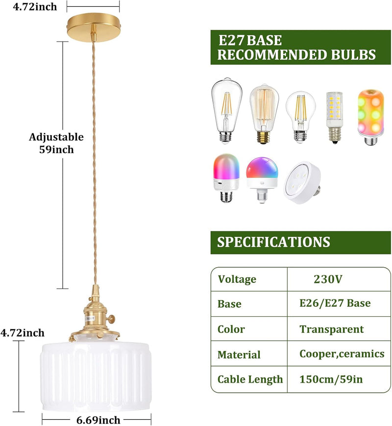 Pendant Light with Striped Glass Lampshade Brass Vintage (2 Pack)