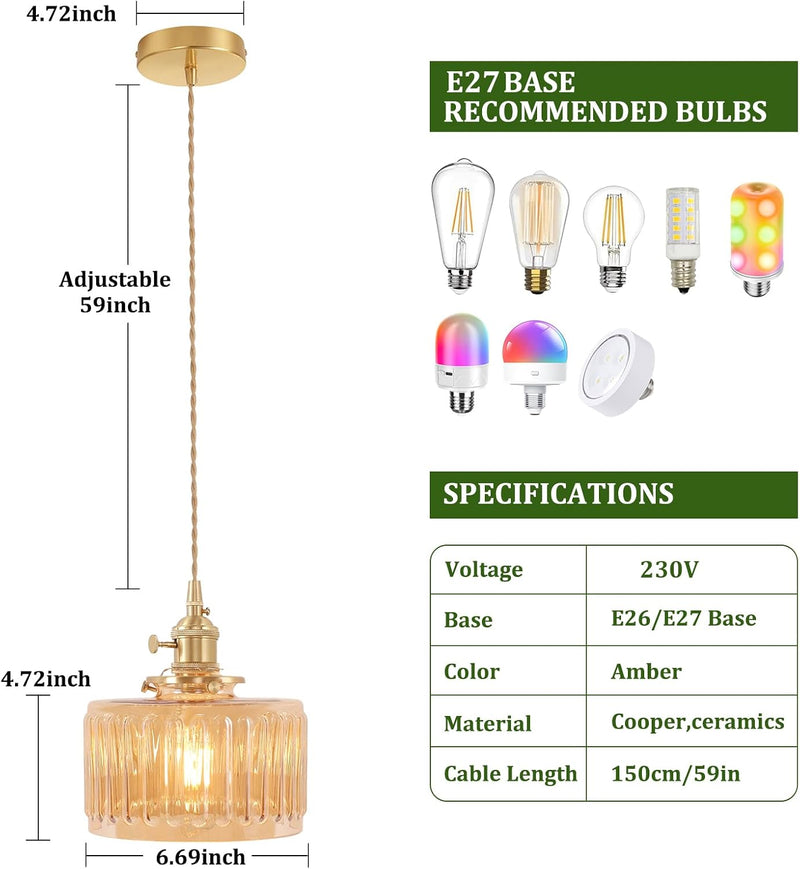 Pendant Light with Striped Glass Lampshade Brass Vintage (2 Pack)