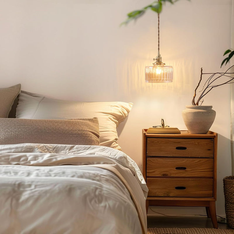 Pendant Light with Striped Glass Lampshade Brass Vintage (2 Pack)