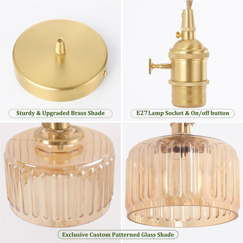 Pendant Light with Striped Glass Lampshade Brass Vintage (2 Pack)