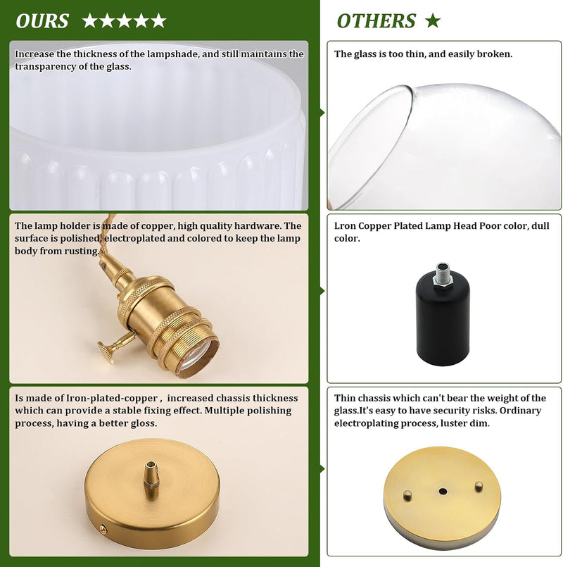 Pendant Light with Striped Glass Lampshade Brass Vintage (2 Pack)