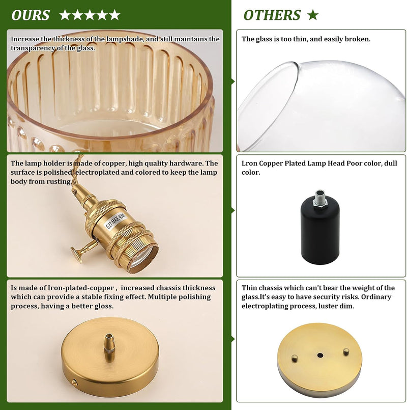 Pendant Light with Striped Glass Lampshade Brass Vintage (2 Pack)
