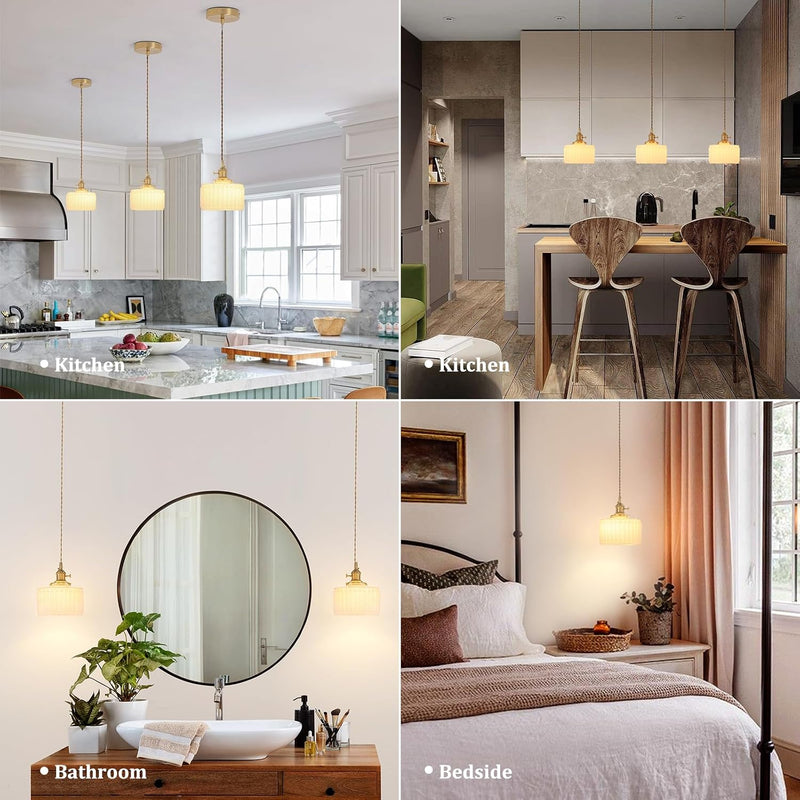 Pendant Light with Striped Glass Lampshade Brass Vintage (2 Pack)