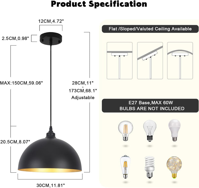 Pendant Lights for Kitchen Island Metal Shade Modern (3 Pack)