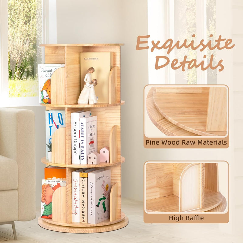 Pine Wood 4 Tier Rotating Bookshelf Tower