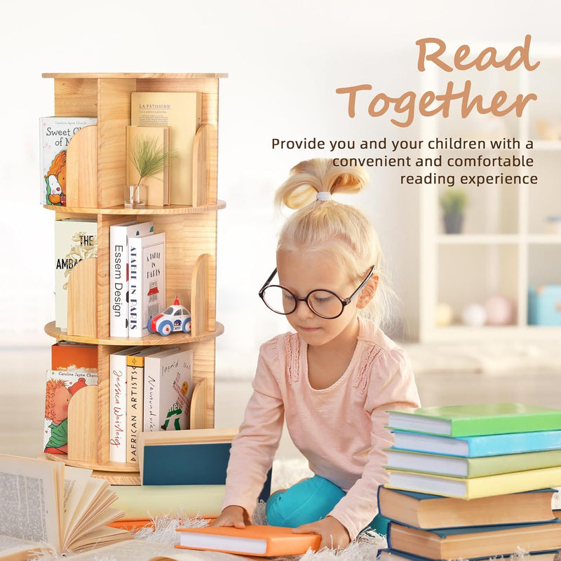Pine Wood 4 Tier Rotating Bookshelf Tower