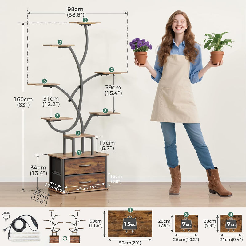 Plant Stand Indoor 9-Tier 160CM 2 Storage Drawers