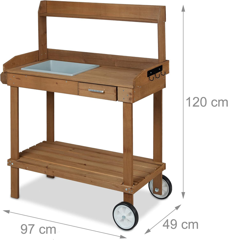 Planter Table with Wheels Repotting Stand Wooden Garden