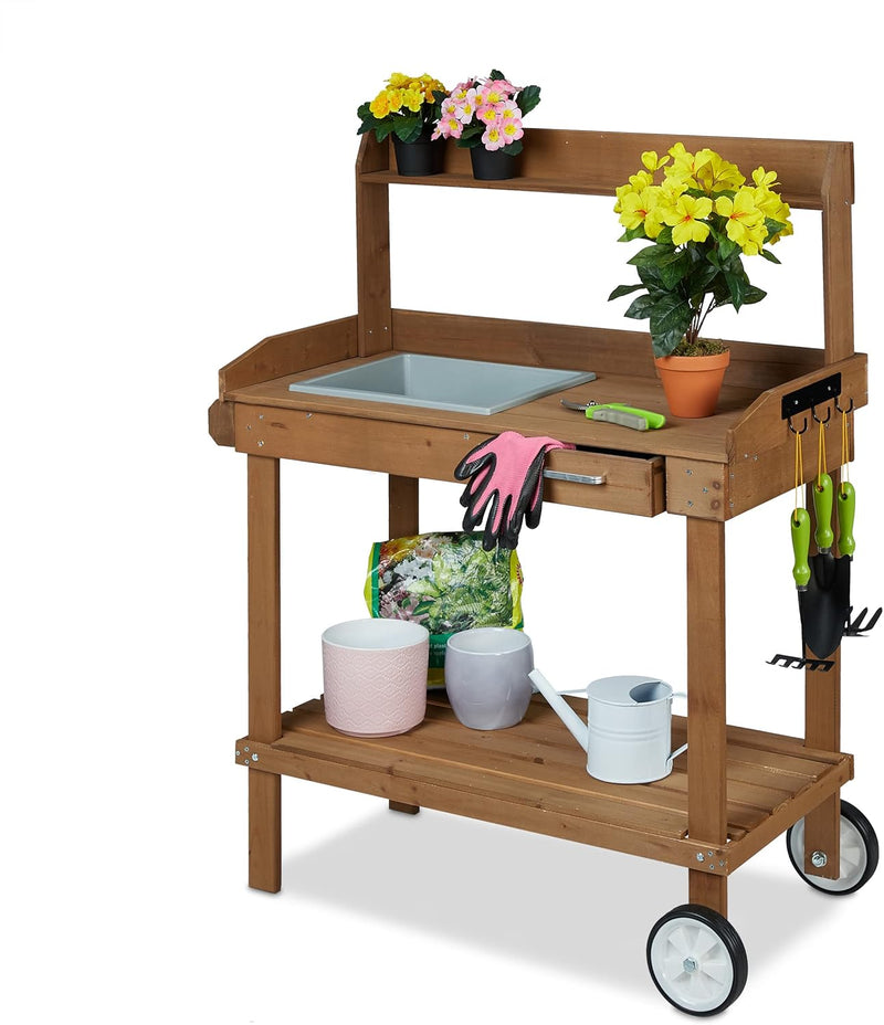 Planter Table with Wheels Repotting Stand Wooden Garden