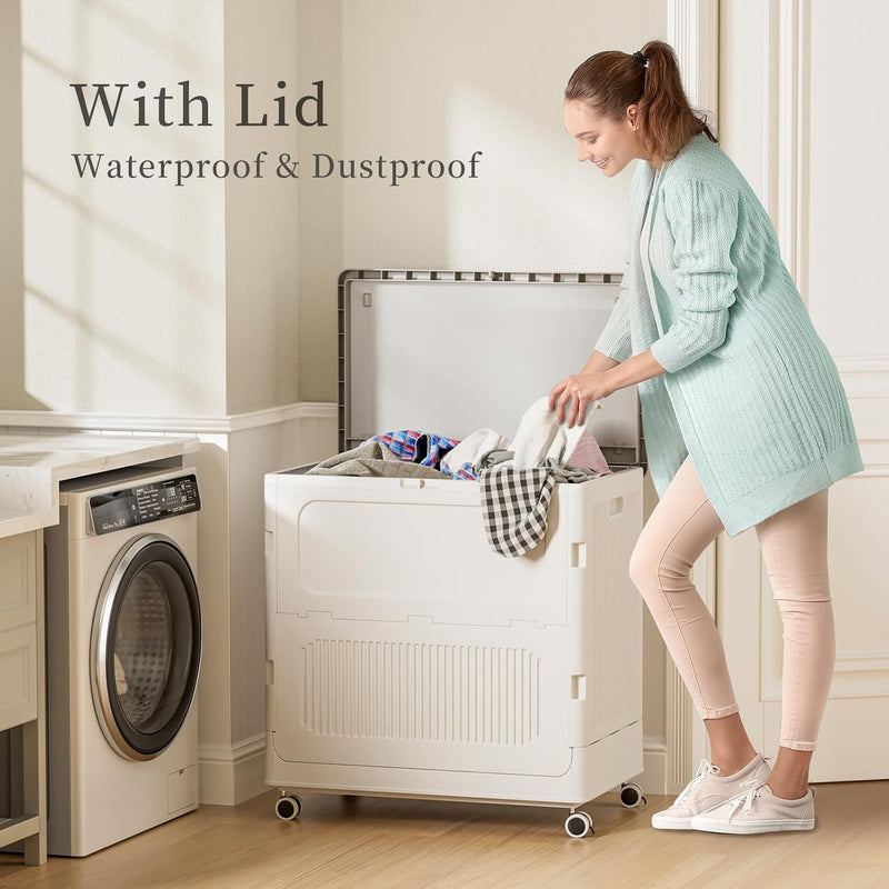 Plastic Laundry Basket with Lid 50L Washing Wheels (1 Pack)