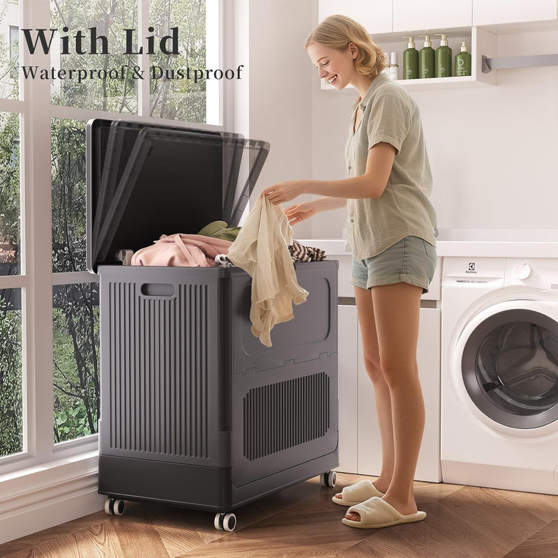 Plastic Laundry Basket with Lid 50L Washing Wheels (1 Pack)