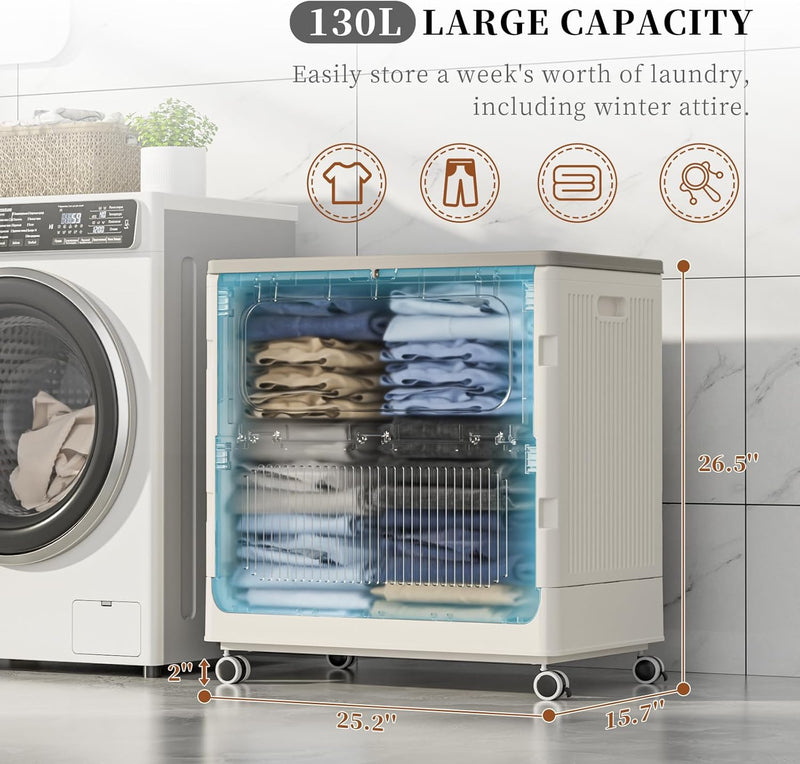 Plastic Laundry Basket with Lid 50L Washing Wheels (1 Pack)