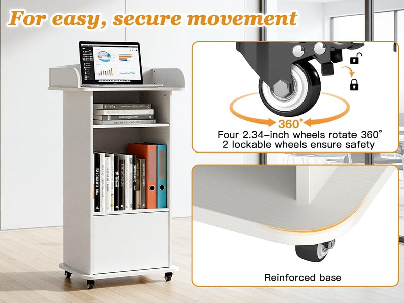 Podium Stand with Drawer Storage Cabinet and Wheels