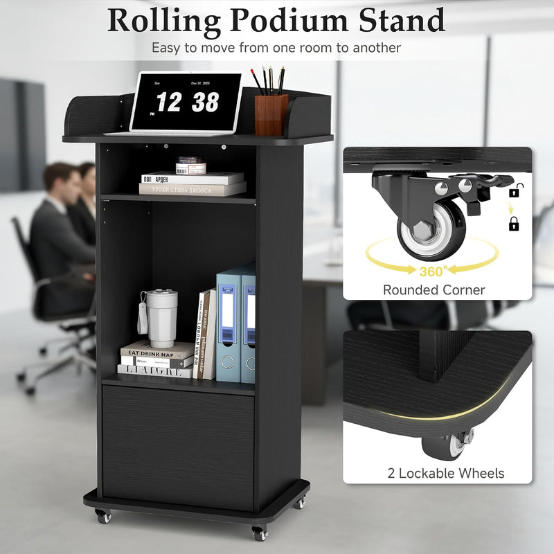 Podium Stand with Drawer Storage Cabinet and Wheels