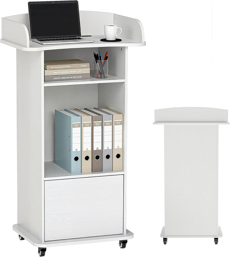 Podium Stand with Drawer Storage Cabinet and Wheels