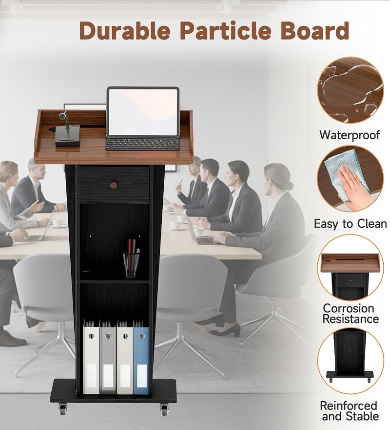 Podium Stand with Drawer Storage Cabinet and Wheels