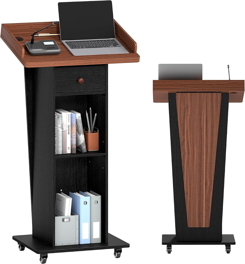 Podium Stand with Drawer Storage Cabinet and Wheels
