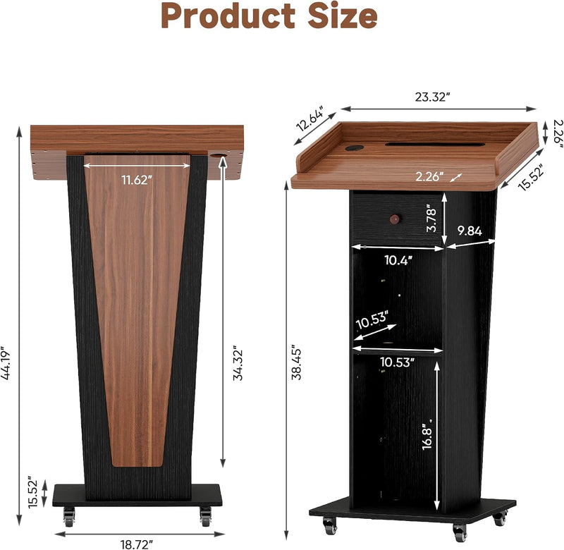 Podium Stand with Drawer Storage Cabinet and Wheels