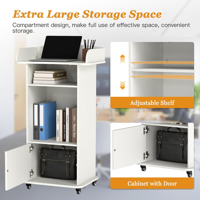 Podium Stand with Drawer Storage Cabinet and Wheels