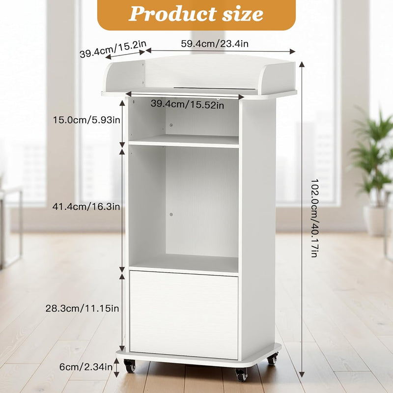 Podium Stand with Drawer Storage Cabinet and Wheels