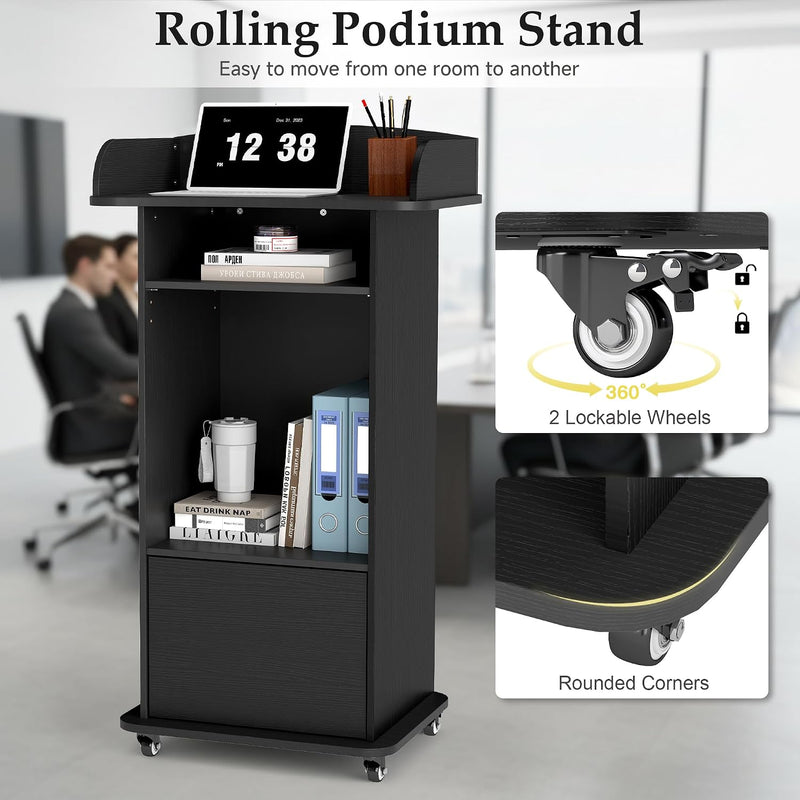 Podium Stand with Drawer Storage Cabinet and Wheels