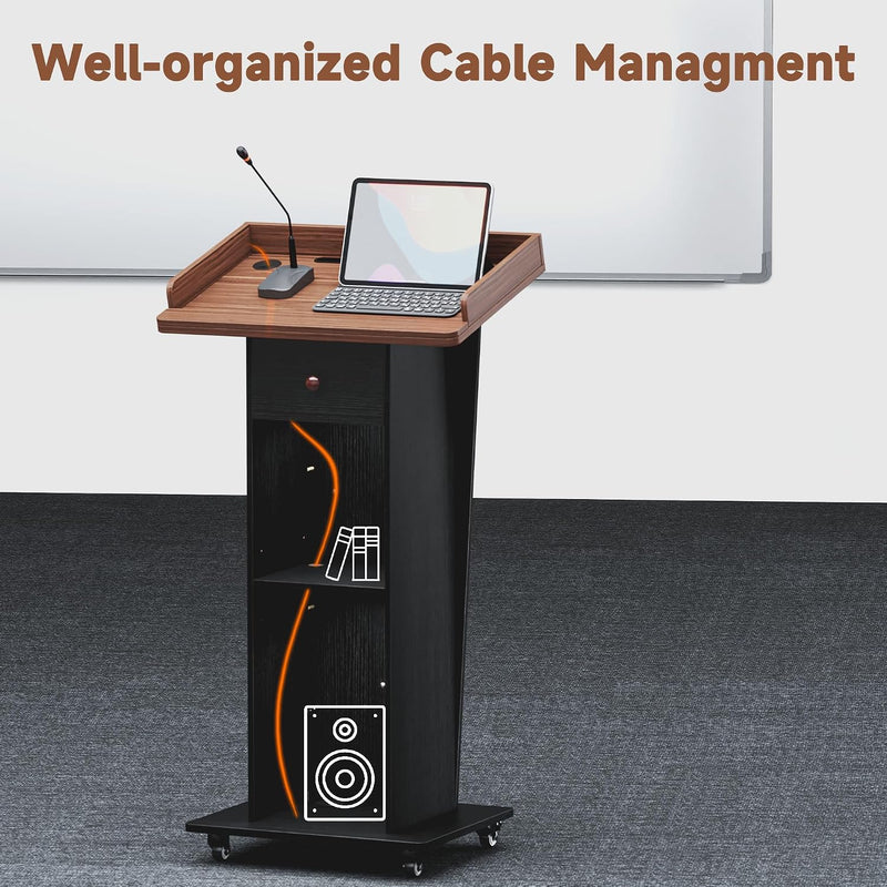 Podium Stand with Drawer Storage Cabinet and Wheels