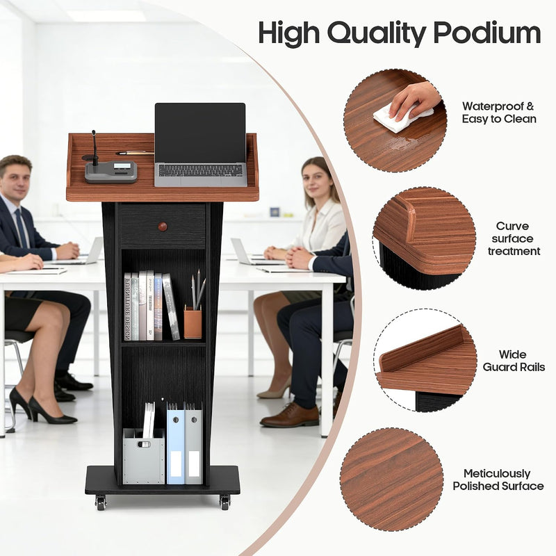 Podium Stand with Drawer Storage Cabinet and Wheels