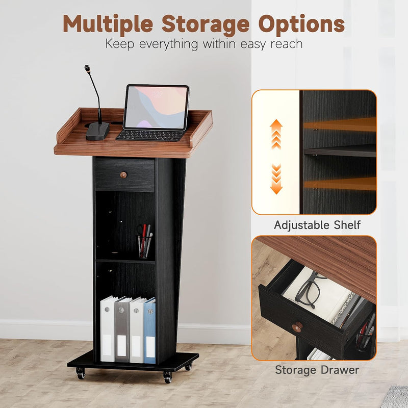 Podium Stand with Drawer Storage Cabinet and Wheels