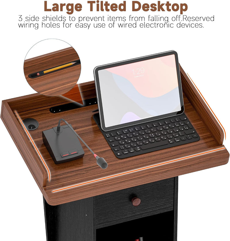 Podium Stand with Drawer Storage Cabinet and Wheels