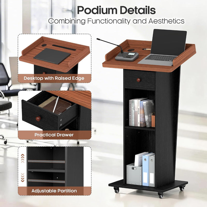 Podium Stand with Drawer Storage Cabinet and Wheels